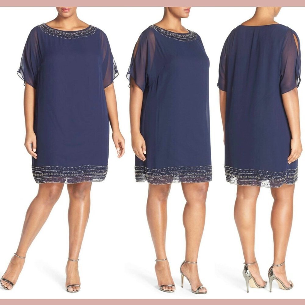 NWT! Xscape Embellished Split Sleeve Chiffon Shift Dress Blue [‎ PLUS SZ 14W ]